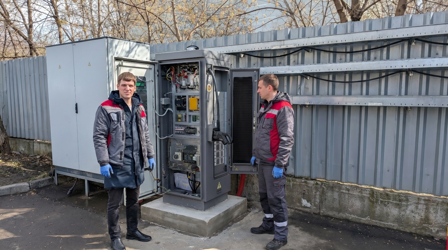 Инженеры AmpereSolutions у электрощита